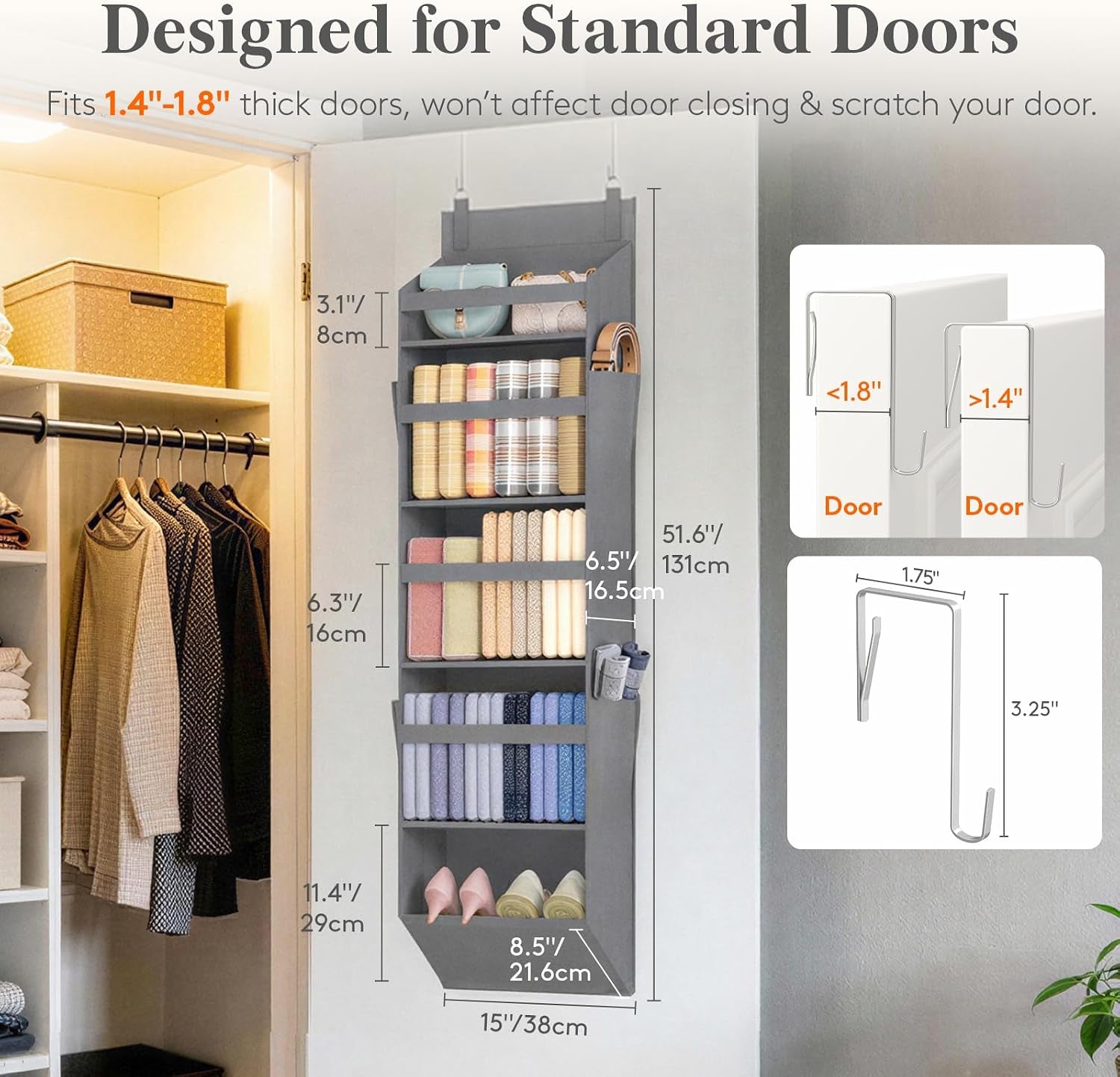 1 Pack over the Door Organiser 5 Section Hanging Storage, Dark Gray