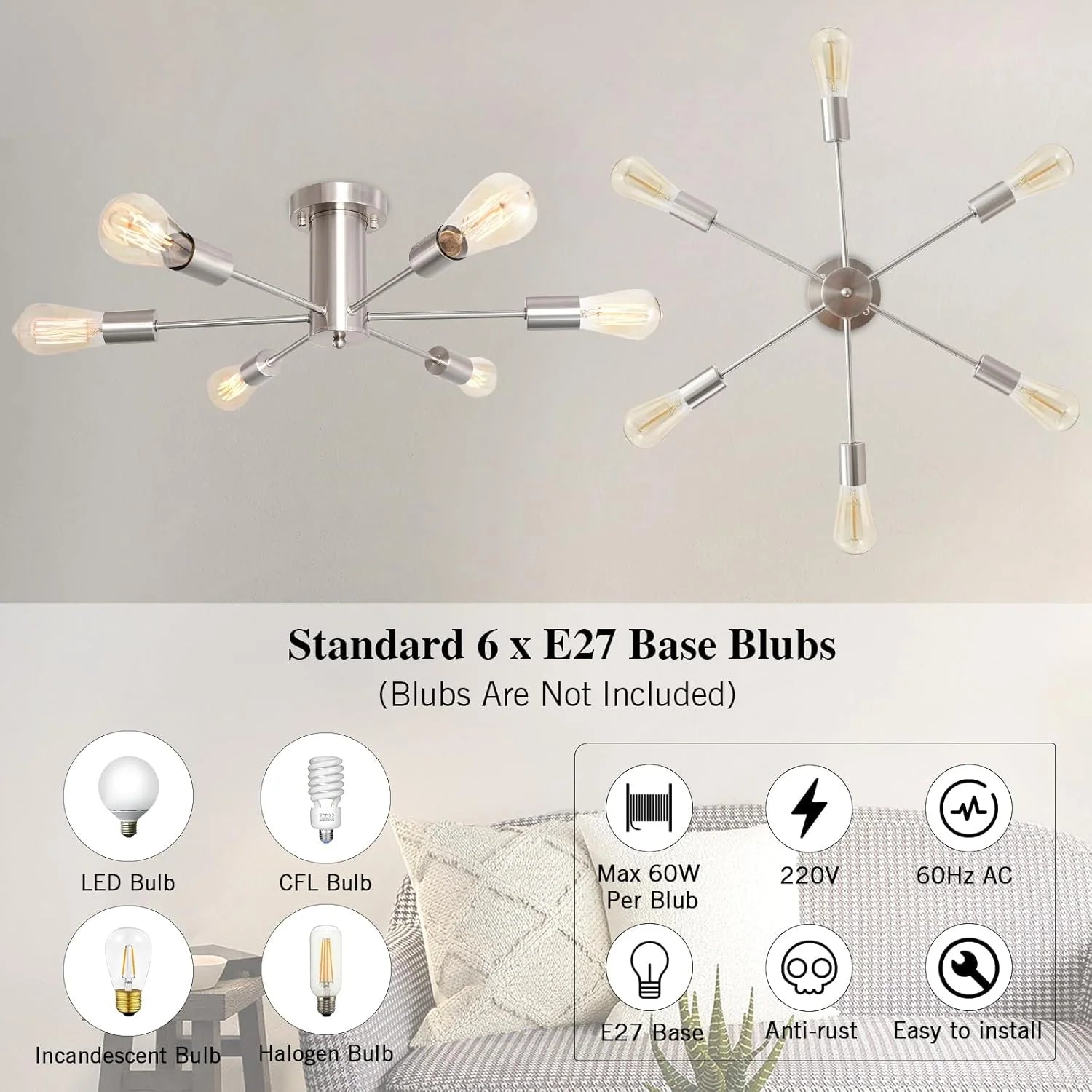 Sputnik Ceiling Light Nickel, 6-Light Industrial Modern Flush Fixture