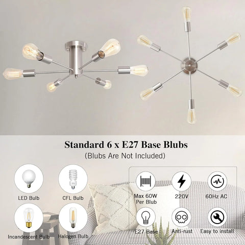 Sputnik Ceiling Light Nickel, 6-Light Industrial Modern Flush Fixture