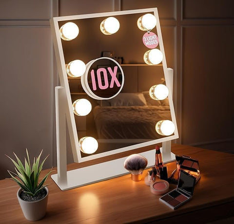 Hollywood Mirror with 9 LED Bulbs - 3 Colour Light Modes & Adjustable Brightness, Touch Screen, 360° Rotation, Light up Mirror, No Assembly Needed, Vanity Mirror with Lights - White