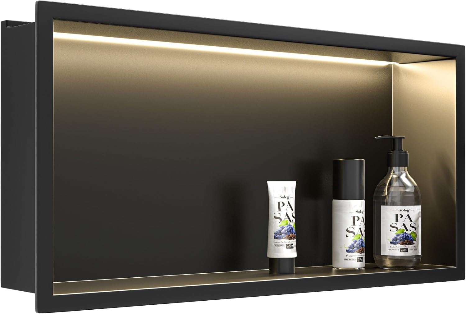 Wall Recess Shower Stainless Steel with LED Strip Light, 90 Cm X 30 Cm, Waterproof, No Tiles Required, Bathroom Storage, Niche, Matt Black