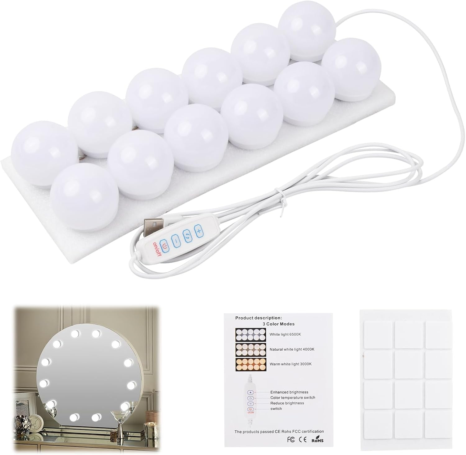 Vanity Mirror Lights Kits, 12 Bulbs Hollywood Style LED Makeup Lights with USB Cable, 3 Colour Changing & 9-Level Brightness, Make up Light for Dressing Table Room, Bathroom