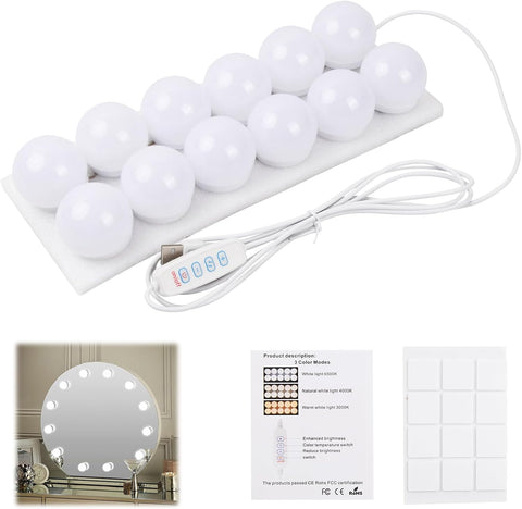 Vanity Mirror Lights Kits, 12 Bulbs Hollywood Style LED Makeup Lights with USB Cable, 3 Colour Changing & 9-Level Brightness, Make up Light for Dressing Table Room, Bathroom