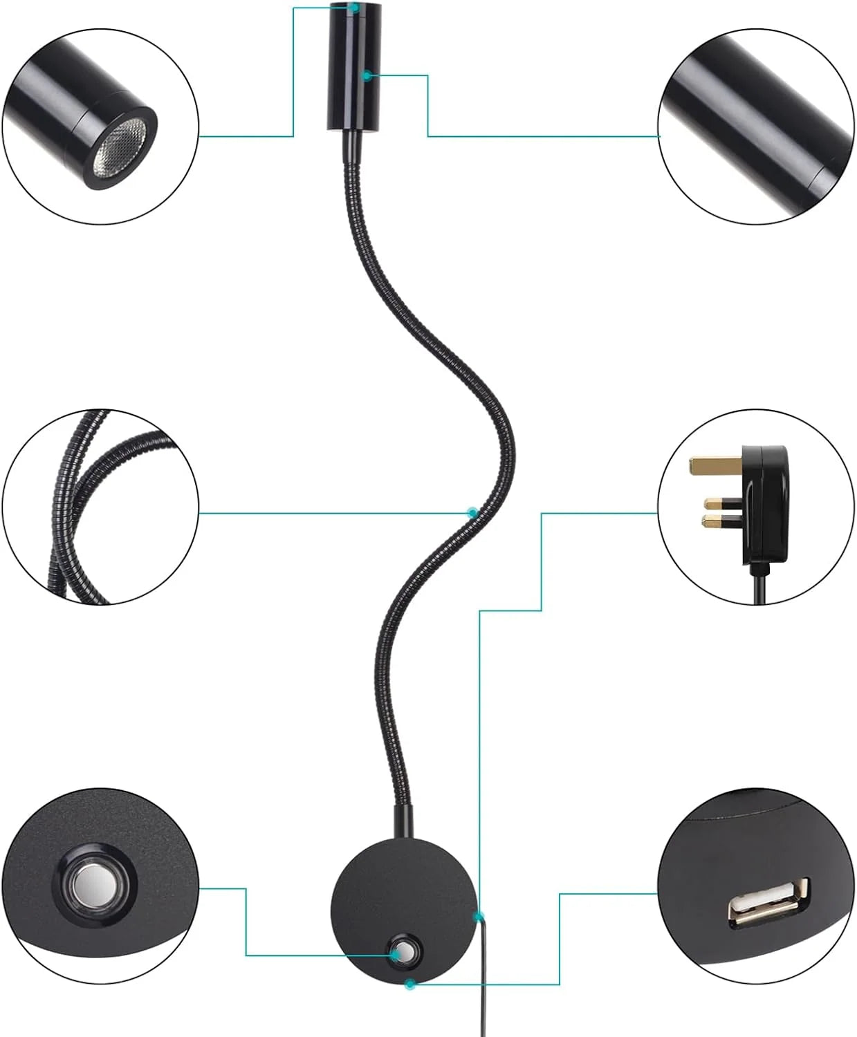 Wall Mounted Reading Lamp LED Bedside Light with USB and Touch Dimmer