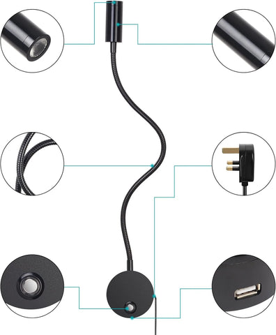 Wall Mounted Reading Lamp LED Bedside Light with USB and Touch Dimmer