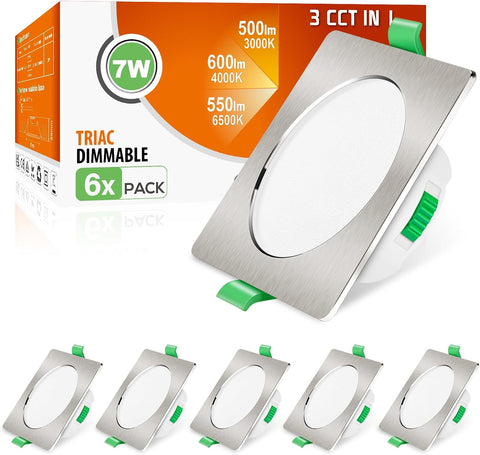 3CCT LED Downlights Ceiling Dimmable 7W IP65 Cutout 67-75MM 6 Pack | Slim Recessed Ceiling Lights, 3000K 4000K 6500K Selectable Bathroom Kitchen Spotlights, round White