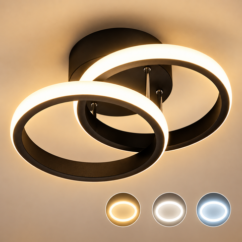 20W Black Double Circle LED Ceiling Light – 24×20cm 3 Colour LED Flush Mount Ceiling Light for Bedroom, Kitchen, Hallway & Indoor Spaces - Bring a Clean, Contemporary Glow to Everyday Spaces
