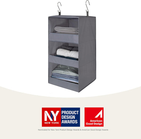 3-Shelf Hanging Storage Organiser, Pack of 1 Hanging Wardrobe Storage Organiser, Collapsible Hanging Shelves for Wardrobe, Fabric Hanging Wardrobe Organiser for Clothes Accessories, Grey