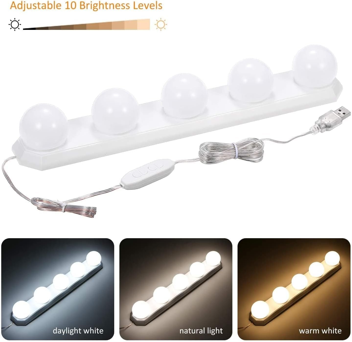 LED Vanity Mirror Lights USB Dimmable 3 Color 10 Levels Brightness with 5 Bulbs 7.55Ft Long USB Cable for DIY Make up Bath Mirror Lamps Bathroom Lights