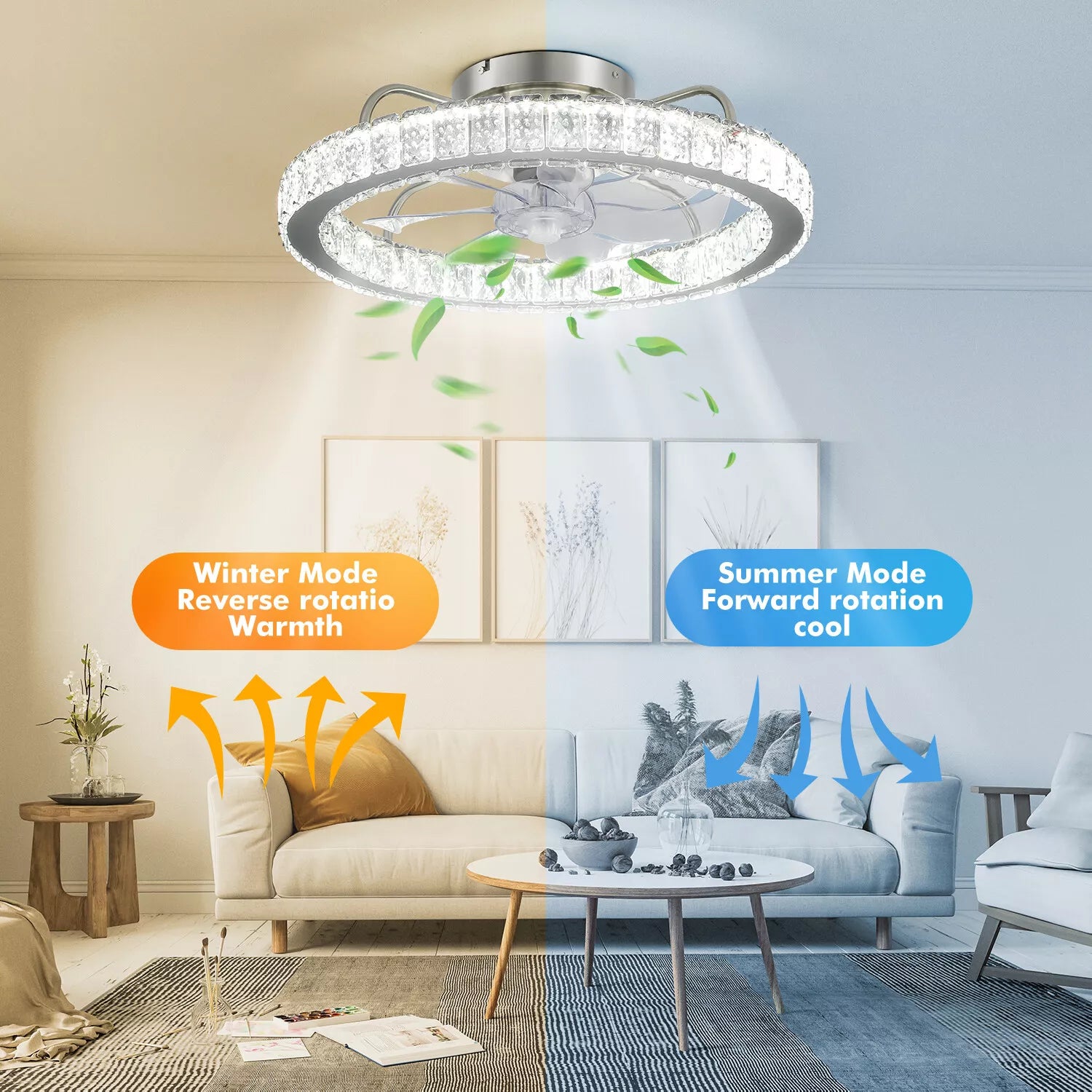 LED Crystal Ceiling Fan Light UK – Dimmable, Quiet with Remote Control - UK