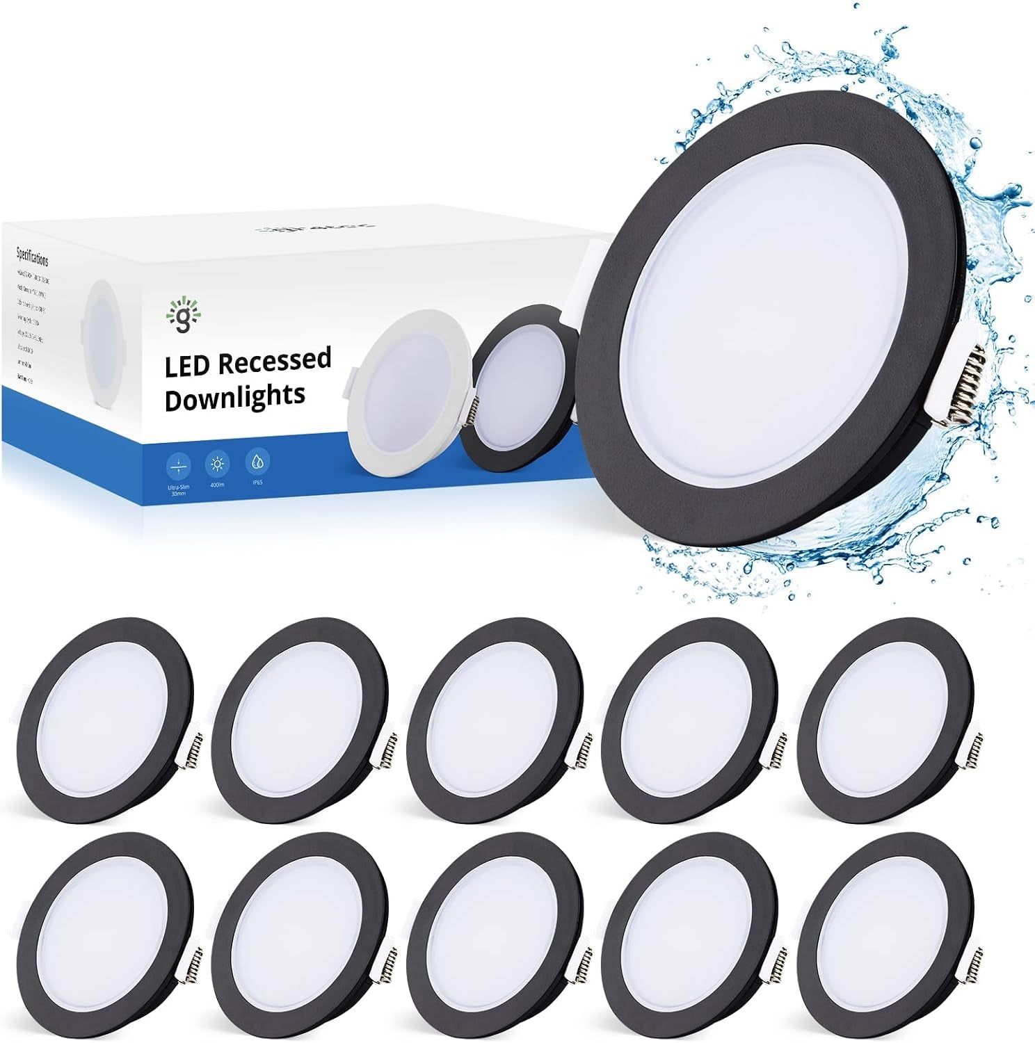 IP65 LED Downlights Ceiling, Black Spotlights 5W 4000K, 10 Pack | Bathroom Downlights, Neutral White 400LM, 68-80Mm Cut Out, 35Mm Ultra-Slim, LED Spot Lights for Kitchen Bedroom Living Room