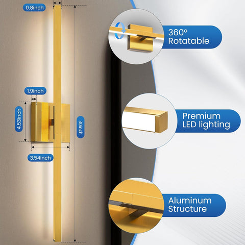 32Inch Modern Bathroom Vanity Light with Rotatable Bar,20W LED Mirror Light | Gold Finish, over Mirror or Wall Mounted, Dimmable 6CCT (2700K-6500K)Warm/Natural/White Light IP44 for Living Room Bedroom
