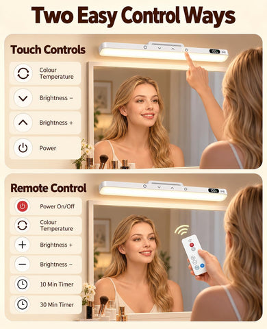 42Cm Makeup Light for Mirror,Dimmable Cordless Vanity Light,2Pk | Rechargeable Stick-On Lights, Dressing Lights with Battery Display,Foldaway Hook, 5 CCT & Dimmable,10/30 Min Timer, 2PK