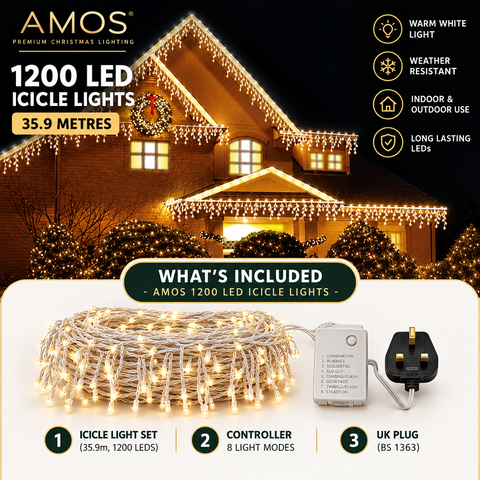 AMOS Christmas Icicle Lights – 1200 LED Warm White Outdoor Christmas Lights with Timer & Memory Function, 35.9m Length, Energy Class A - Turn Your Home Into a Warm Winter Welcome