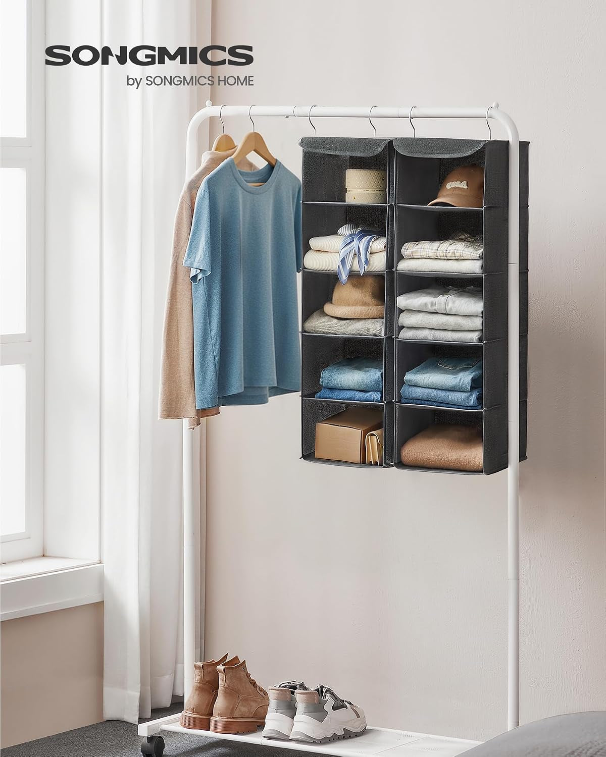 SONGMICS Hanging Wardrobe Organiser Set of 2, 5 Shelves Each, Foldable Grey Storage – Make Room for the Things You Love