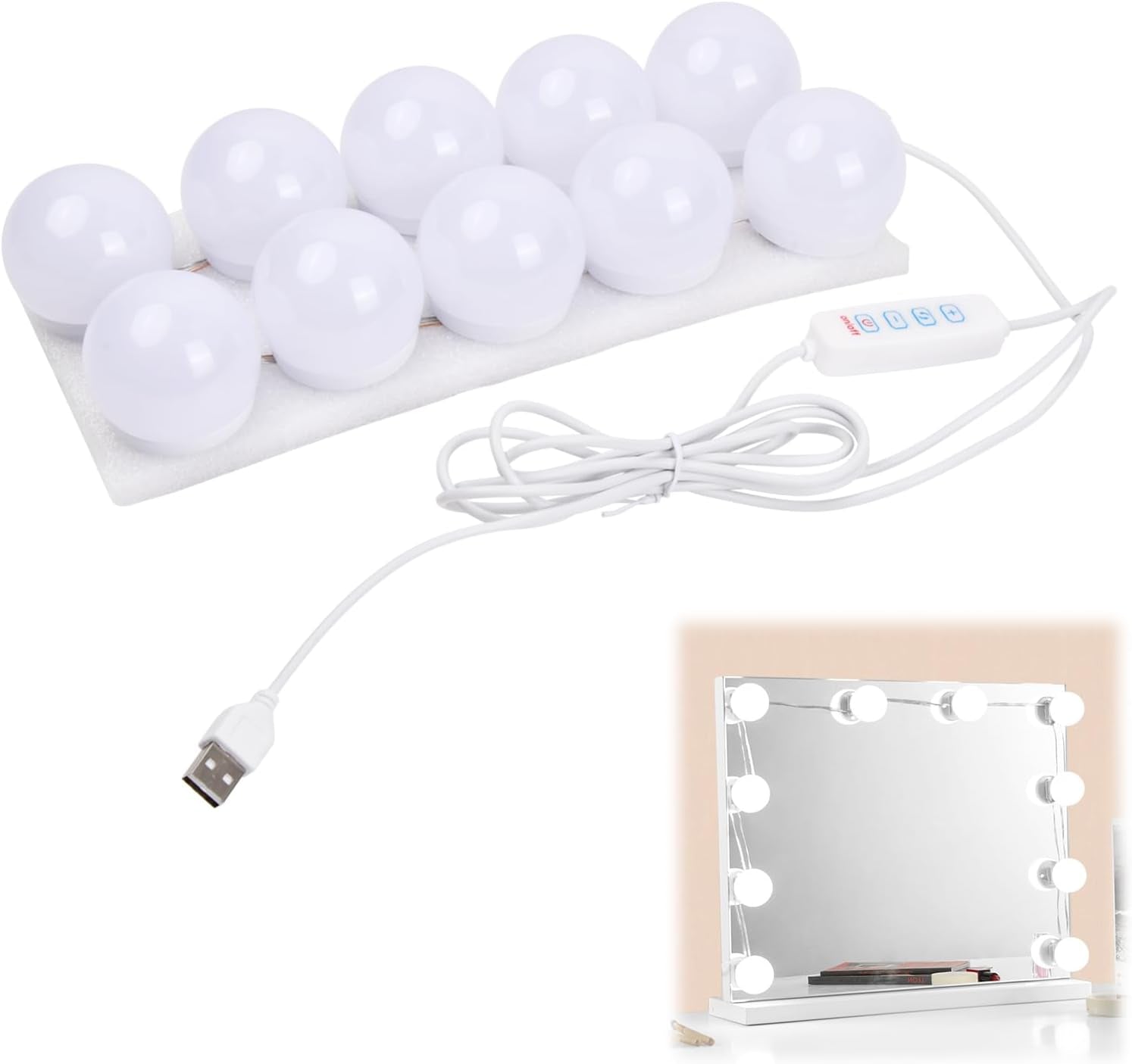 Vanity Mirror Lights Kits, 10 Bulbs Hollywood Style LED Makeup Lights with USB Cable, 3 Colour Changing & 9-Level Brightness, Make up Light for Dressing Table Room, Bathroom, Bedroom