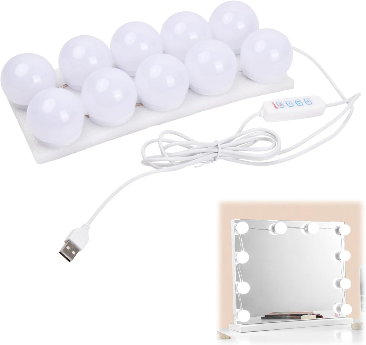 Vanity Mirror Lights Kits, 10 Bulbs Hollywood Style LED Makeup Lights with USB Cable, 3 Colour Changing & 9-Level Brightness, Make up Light for Dressing Table Room, Bathroom, Bedroom