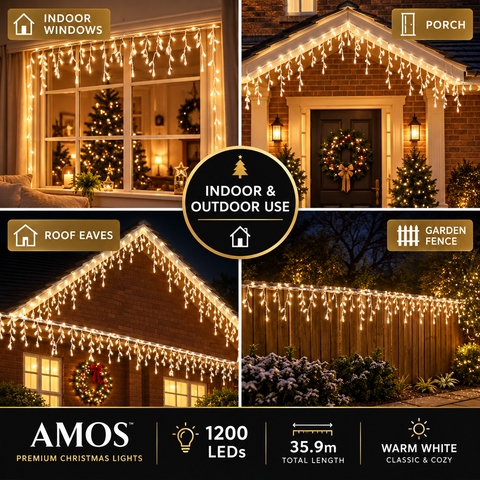 AMOS Christmas Icicle Lights – 1200 LED Warm White Outdoor Christmas Lights with Timer & Memory Function, 35.9m Length, Energy Class A - Turn Your Home Into a Warm Winter Welcome