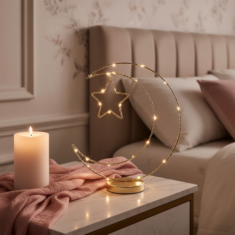 Gold Moon & Star Ramadan Table Light – 20 Warm White LED Battery Operated Decoration with Timer