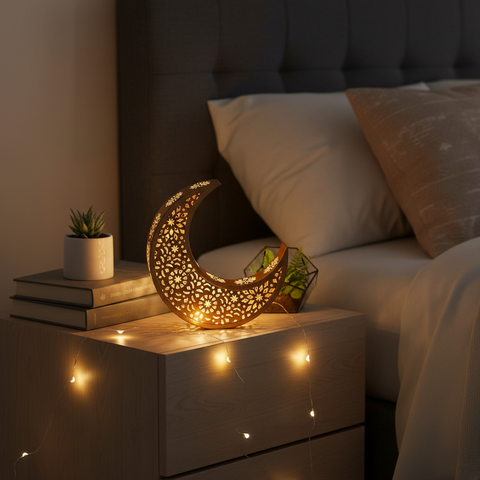 Ramadan Moon Light Table Centrepiece – 30 Warm White LEDs, Battery Operated with Timer – Indoor Eid Tabletop Decoration