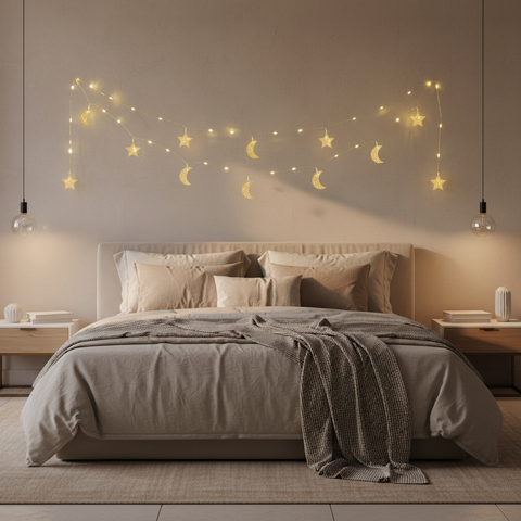 Filigree Gold Moon & Star Ramadan String Lights – 20 Warm White LEDs, Battery Operated with Timer, 1.9m Indoor Decor