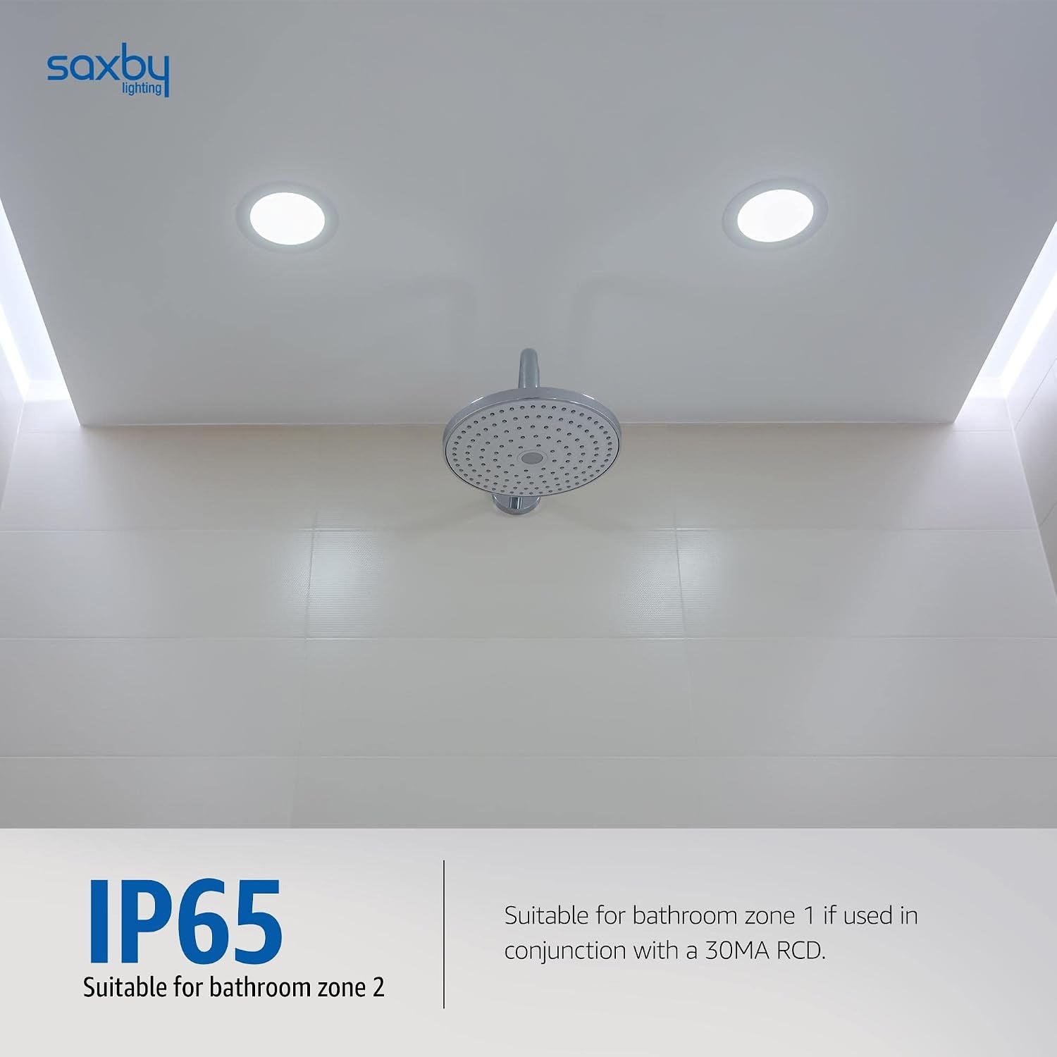 Saxby Orbitalplus Fire Rated Downlight - Dimmable Recessed LED Ceiling Light in Matt White Finish - IP65 Downlights for Bathroom, Shower, Kitchen - 9W LED Module (SMD 2835) Warm White 3000K Colour