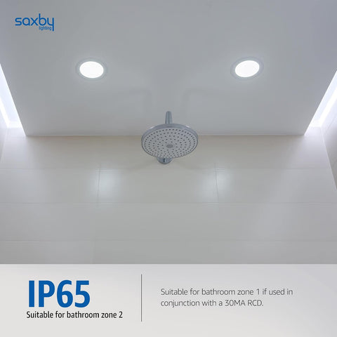 Saxby Orbitalplus Fire Rated Downlight - Dimmable Recessed LED Ceiling Light in Matt White Finish - IP65 Downlights for Bathroom, Shower, Kitchen - 9W LED Module (SMD 2835) Warm White 3000K Colour