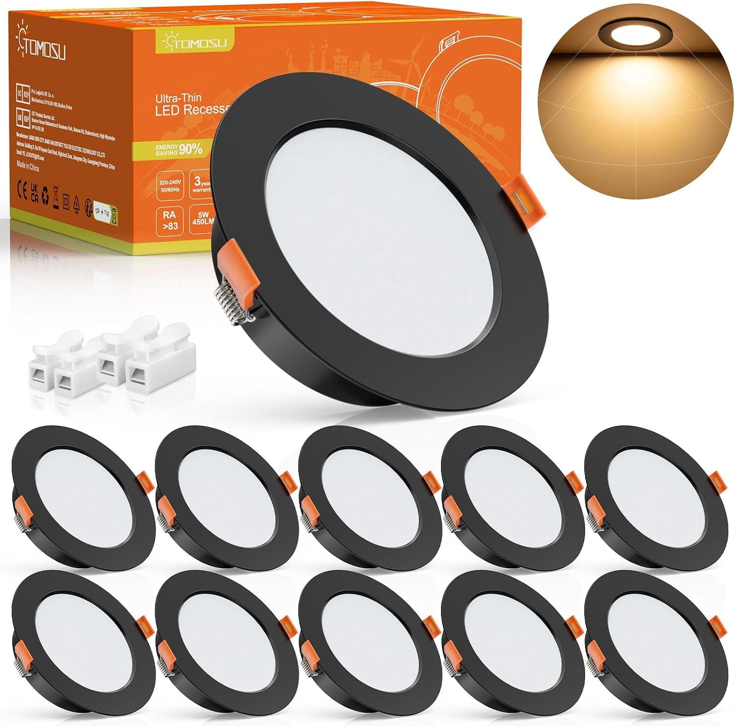 Pack of 10 Extra Flat Black LED Recessed Spotlights, 5 W 450 Lumen Equivalent to 50 W Incandescence, 4000 K Neutral White IP44, Diameter 98 Mm, Hole Diameter Φ75-85 Mm