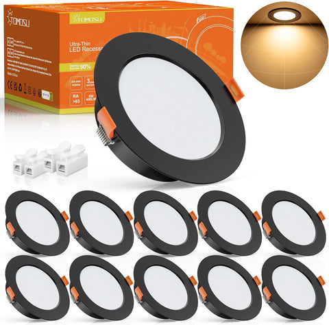 Pack of 10 Extra Flat Black LED Recessed Spotlights, 5 W 450 Lumen Equivalent to 50 W Incandescence, 4000 K Neutral White IP44, Diameter 98 Mm, Hole Diameter Φ75-85 Mm