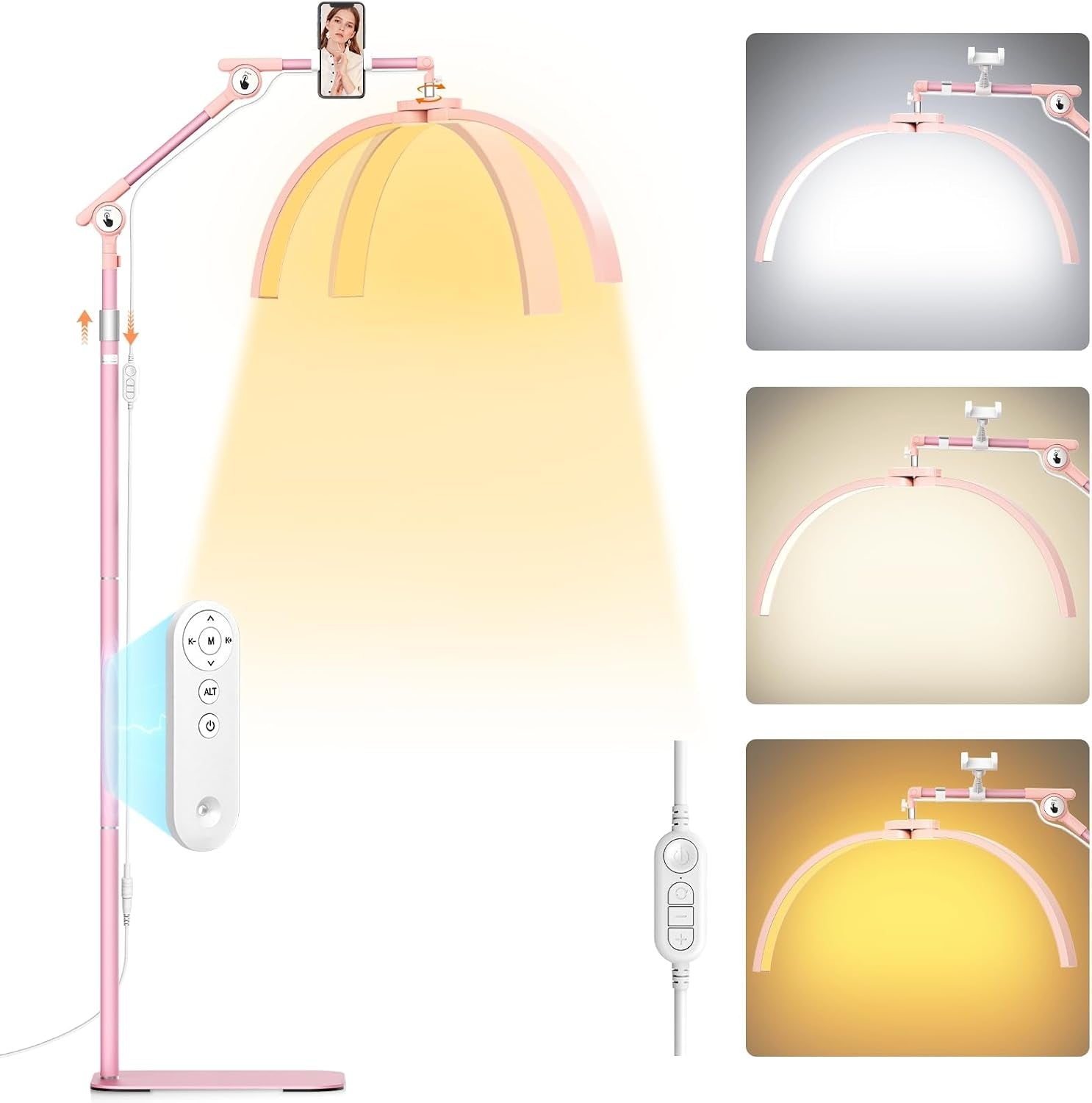 Half Moon Lash Light: 28In Half Moon Lamp for Lash Extensions | 3 Color Dimmable & 360° Rotating Eyelash Lamp for Lash Techs Home Salon with Phone Holder - Pink