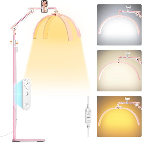 Half Moon Lash Light: 28In Half Moon Lamp for Lash Extensions | 3 Color Dimmable & 360° Rotating Eyelash Lamp for Lash Techs Home Salon with Phone Holder - Pink
