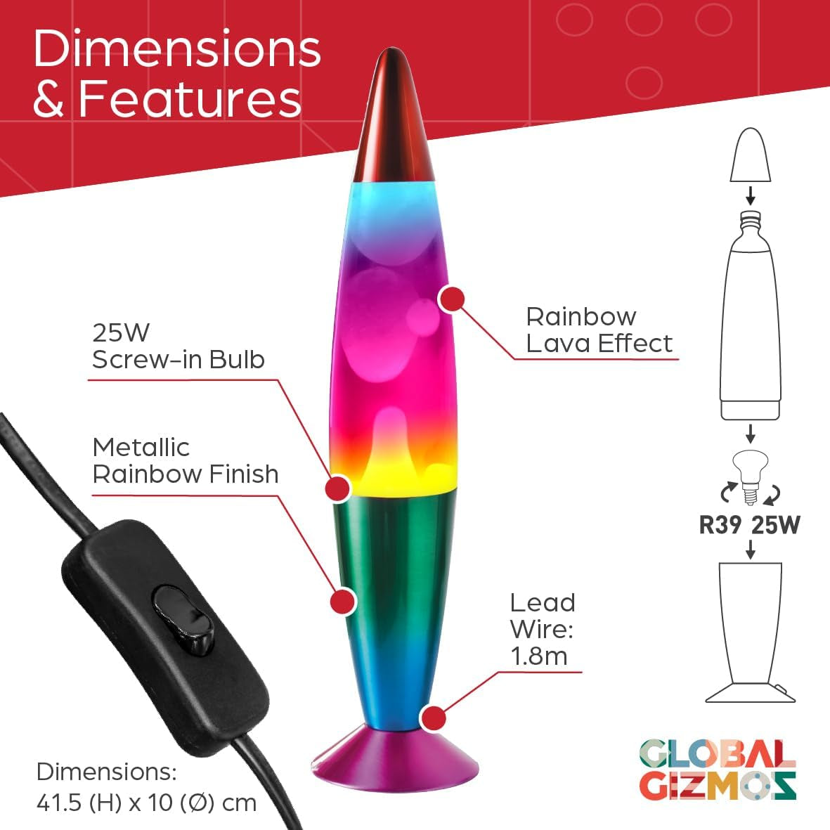 16” Rainbow Lava Lamp, 40Cm Tall | Retro Nostalgia, Calming & Relaxing Motion Wax Light, Decorative Illumination, Sensory Light, Mains Operated