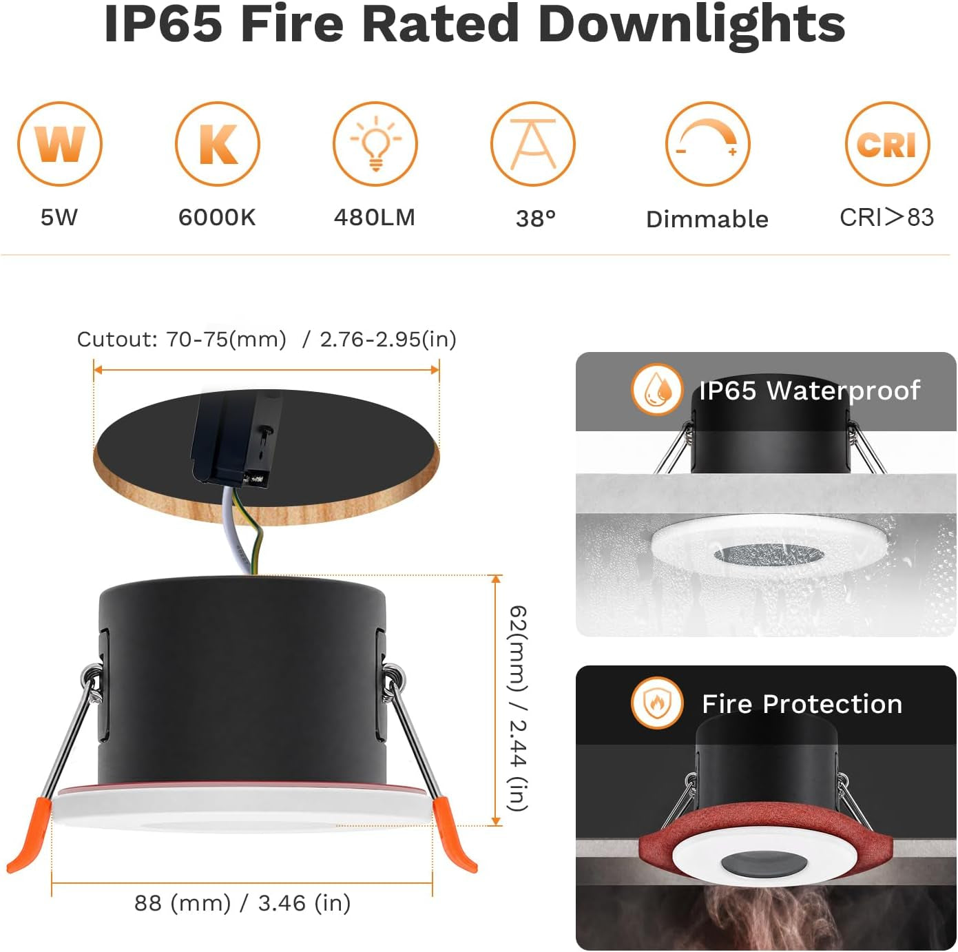 LED Fire Rated Downlights, 5W IP65 Waterproof Bathroom Spotlights, Dimmable 6000K Cool White Recessed Ceiling Lights for 70-75Mm Cut Out, AC220V-240V 4 Pack
