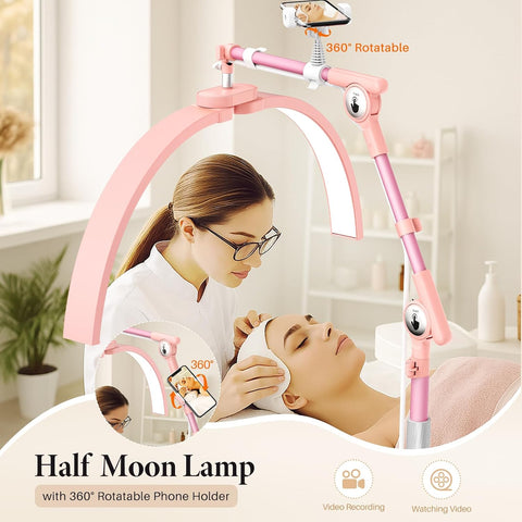 Half Moon Lash Light: 28In Half Moon Lamp for Lash Extensions | 3 Color Dimmable & 360° Rotating Eyelash Lamp for Lash Techs Home Salon with Phone Holder - Pink
