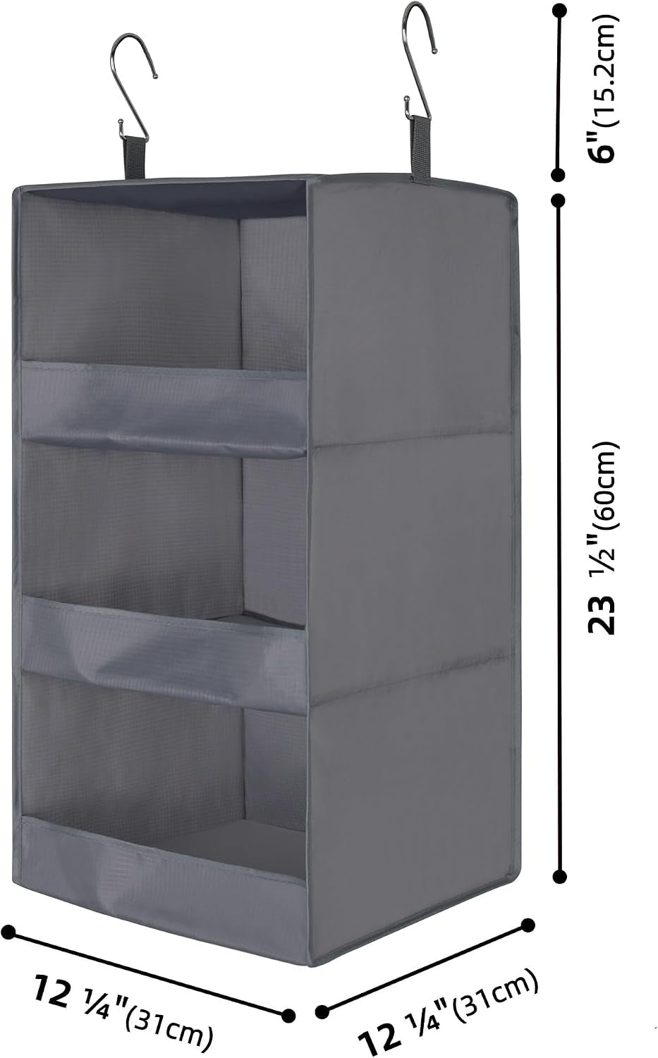 3-Shelf Hanging Storage Organiser, Pack of 1 Hanging Wardrobe Storage Organiser, Collapsible Hanging Shelves for Wardrobe, Fabric Hanging Wardrobe Organiser for Clothes Accessories, Grey
