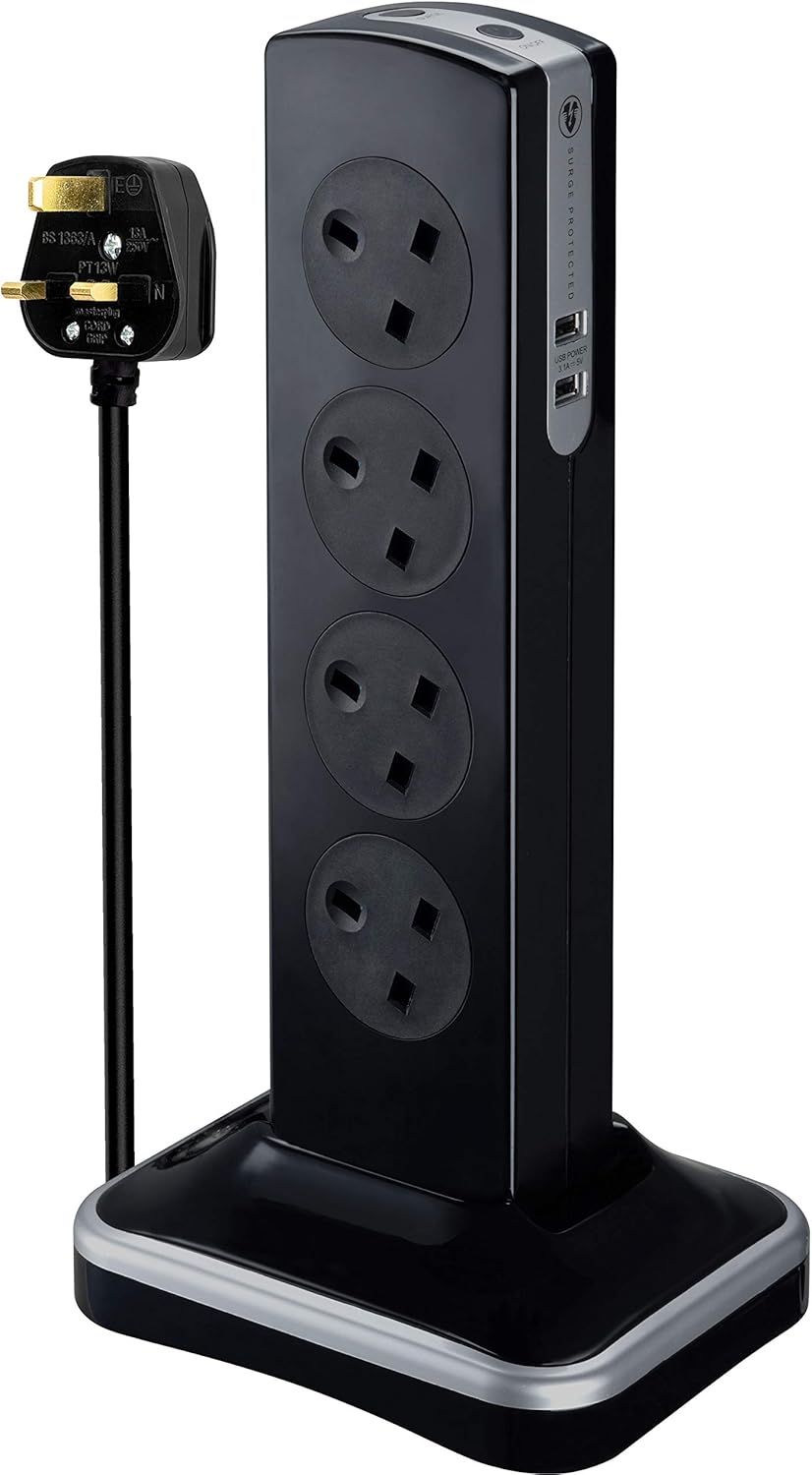 Masterplug Eight Socket Surge Protected Power Centre Extension Lead, 2 Metre, Black