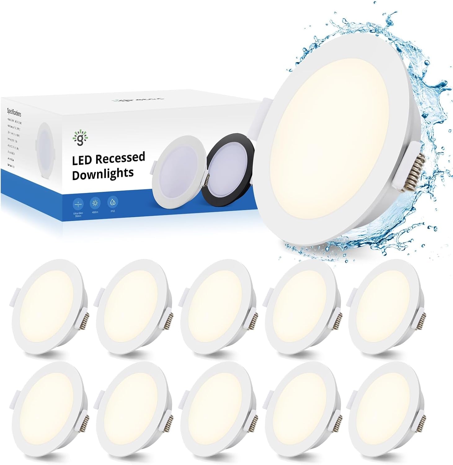 IP65 LED Downlights Ceiling, Black Spotlights 5W 4000K, 10 Pack | Bathroom Downlights, Neutral White 400LM, 68-80Mm Cut Out, 35Mm Ultra-Slim, LED Spot Lights for Kitchen Bedroom Living Room