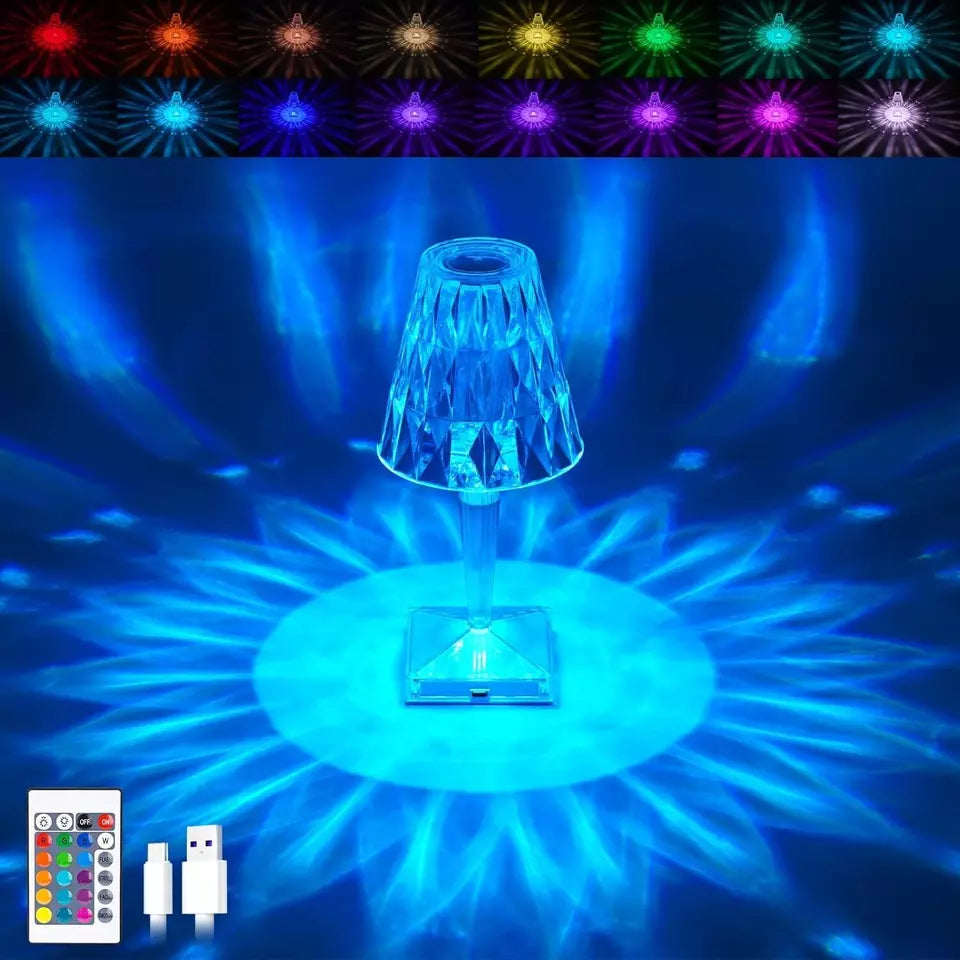 LED RGB Crystal Table Lamp – 16 Colour Modes – Remote Control – USB Rechargeable