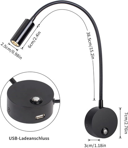 Wall Mounted Reading Lamp LED Bedside Light with USB and Touch Dimmer