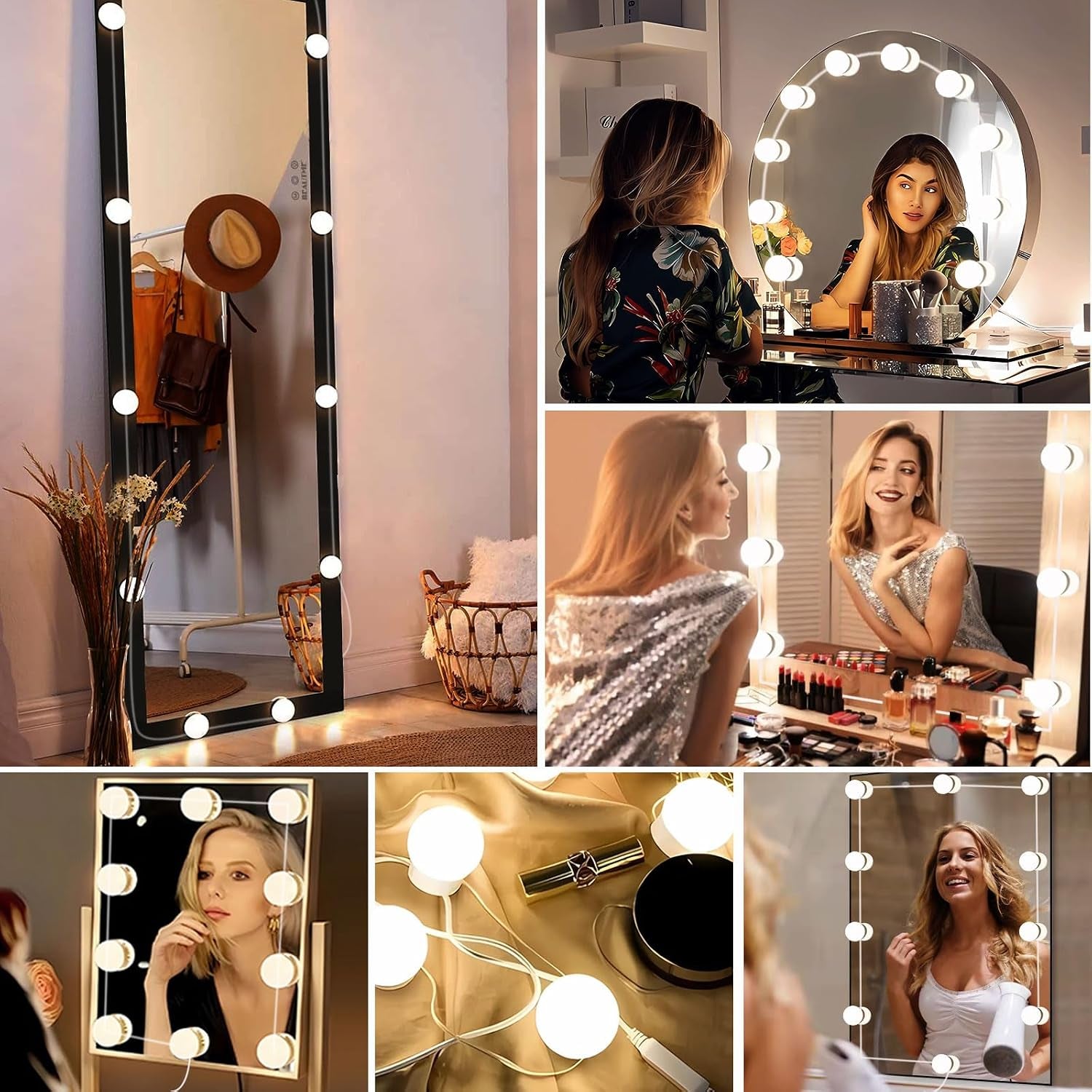Hollywood Mirror Lights Stick on 10 Bulbs, USB Cable Adjustable, 3 Colour Changing and 10 Brightness, LED Vanity Mirror Lamp Dimmable, Makeup Lights for Dressing Table (No Adapter)