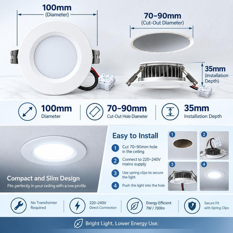 Recessed LED Ceiling Light, IP65 Soffit Bathroom Lights, 7W Waterproof Spotlights Downlight for Bathroom Shower Kitchen, Cut Φ70-90Mm Hole, 6 Pack [6000K Cool White]