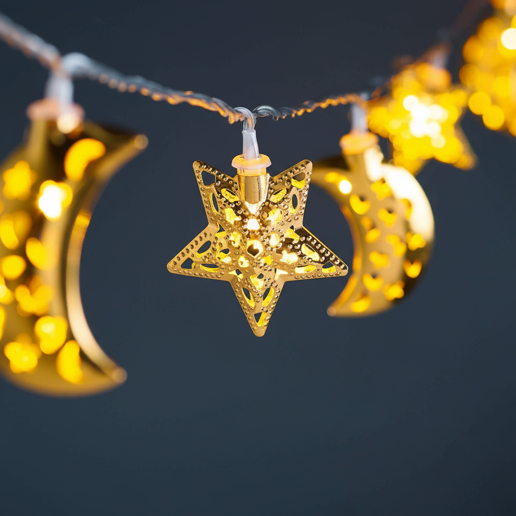 Ramadan Filigree Moon & Star String Lights – 2.25m Warm White LED Lights with Timer, Plug-In Indoor & Outdoor Decor