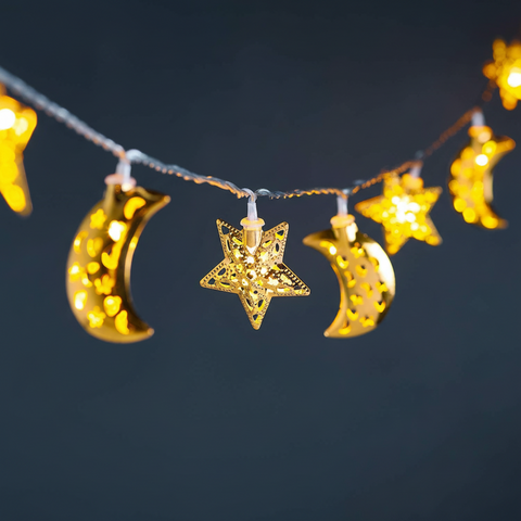 Ramadan Filigree Moon & Star String Lights – 2.25m Warm White LED Lights with Timer, Plug-In Indoor & Outdoor Decor