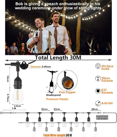 Cozy outdoor dining space illuminated by festoon lights with G40 bulbs
