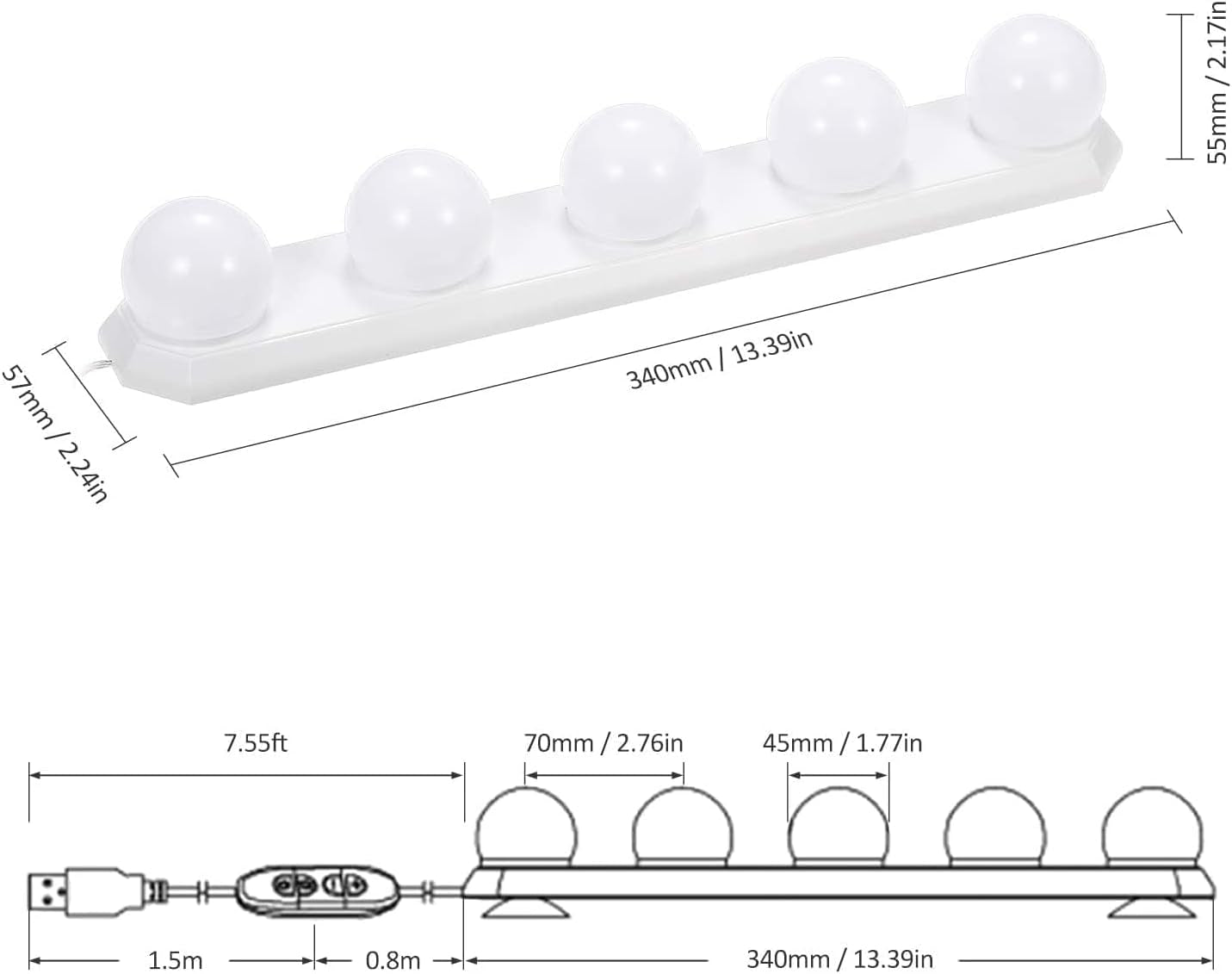 LED Vanity Mirror Lights USB Dimmable 3 Color 10 Levels Brightness with 5 Bulbs 7.55Ft Long USB Cable for DIY Make up Bath Mirror Lamps Bathroom Lights