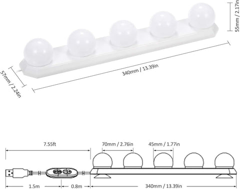 LED Vanity Mirror Lights USB Dimmable 3 Color 10 Levels Brightness with 5 Bulbs 7.55Ft Long USB Cable for DIY Make up Bath Mirror Lamps Bathroom Lights