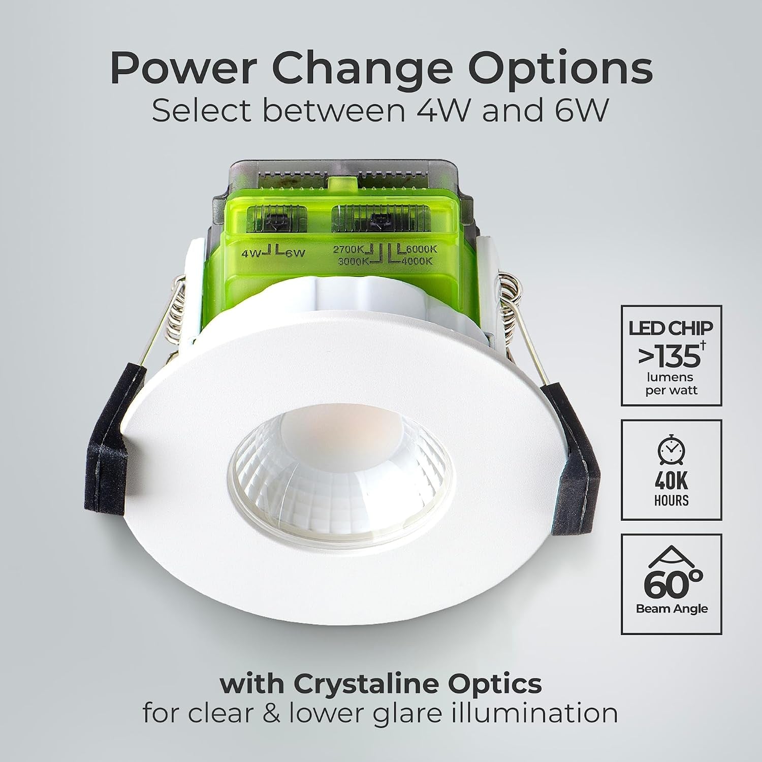 LED Flat Downlight with Power Change and 4 Colour Change Temperature Options (CCT), Fire Rated, Spotlight for Kitchen and Bathroom, Ftype MK2, White, IP65, 4W/6W, 750Lm, 6000K-2700K, FTF6WCCT