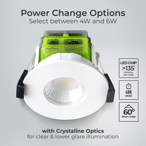 LED Flat Downlight with Power Change and 4 Colour Change Temperature Options (CCT), Fire Rated, Spotlight for Kitchen and Bathroom, Ftype MK2, White, IP65, 4W/6W, 750Lm, 6000K-2700K, FTF6WCCT