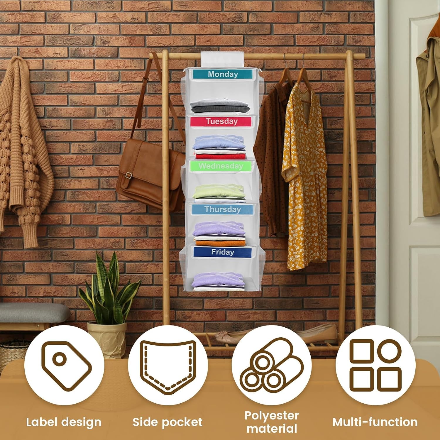Weekly Clothes Organiser for Kids, 5-Shelf Hanging Storage Organiser for Daily Clothing, Day of the Week Children Clothes Organizer, Monday to Friday Wardrobe Storage for School Uniform Hats (White)