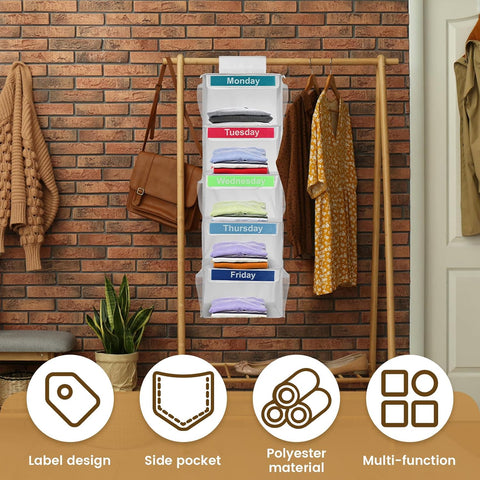 Weekly Clothes Organiser for Kids, 5-Shelf Hanging Storage Organiser for Daily Clothing, Day of the Week Children Clothes Organizer, Monday to Friday Wardrobe Storage for School Uniform Hats (White)